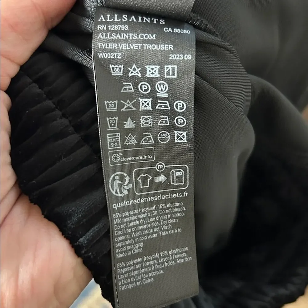 All Saints Tyler black velvet velour drawstring pull on trousers pants NEW, 10